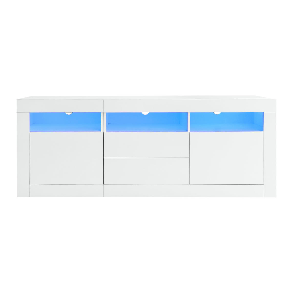 TV-SCHRANK 160/35/60 cm weiß Hochglanz mit LED-Beleuchtung, 3 offenen Fächern und 2 Schubladen - Weiß, Holzwerkstoff (160/60/35cm) - OKWISH