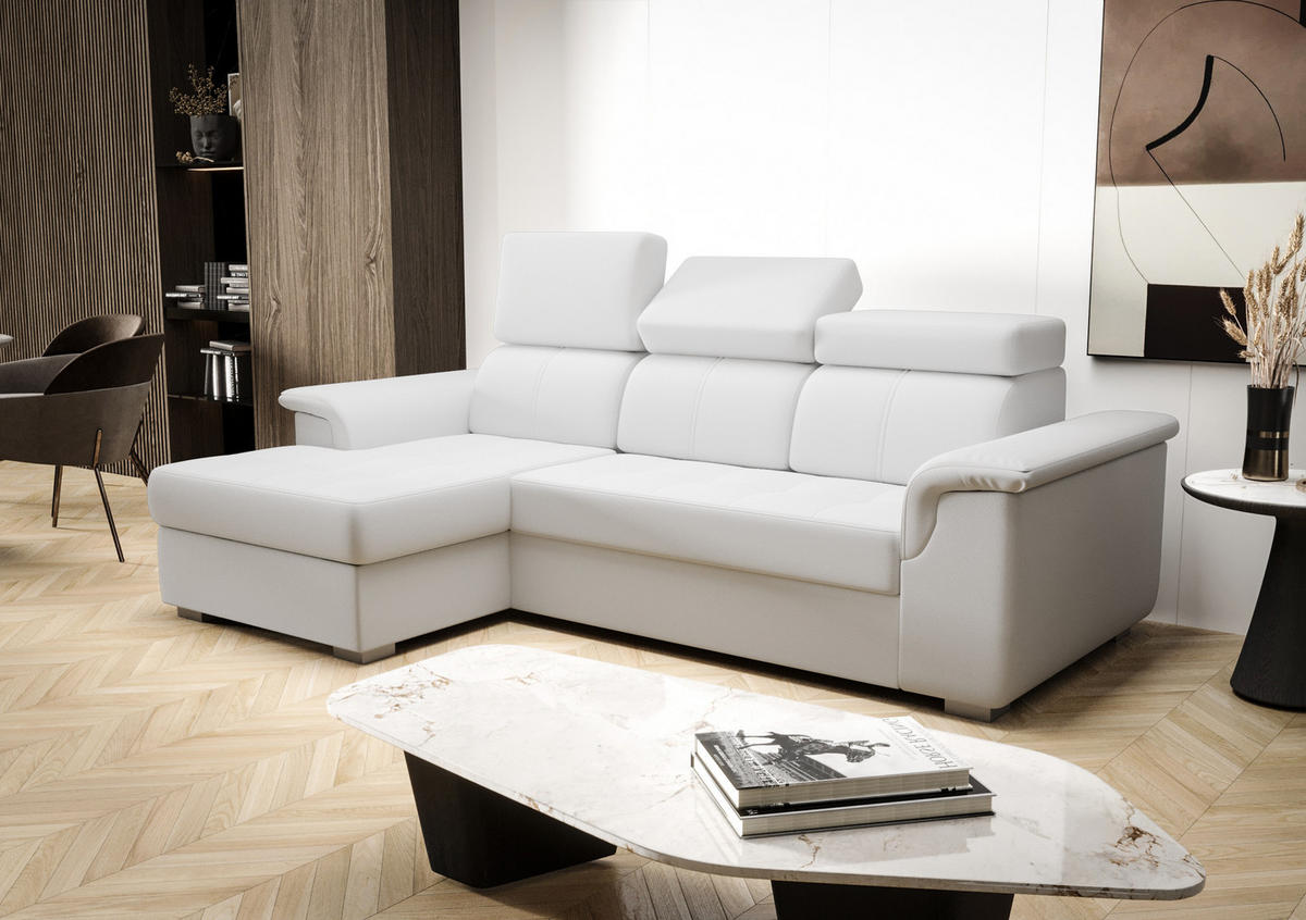 ECKSOFA KONGO RBN06, Eckcouch in L-Form mit Schlaffunktion, Farbe: Weiß, Kunstleder, Ottomane Links - Weiß, Textil (247/165cm) - O-Sofa