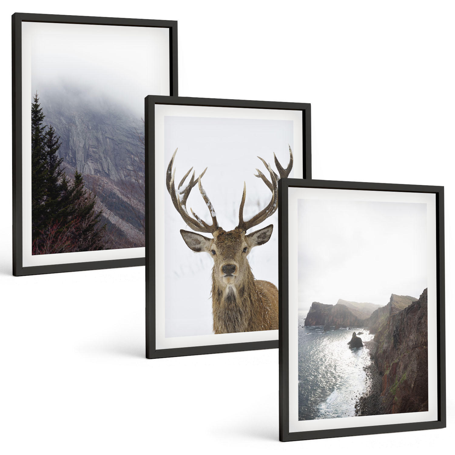 BILDER SET 3er Set - 40x60 cm Schwarzer Rahmen - Berglandschaft mit Hirschen - Schwarz, Kunststoff (40/60cm) - TULUP