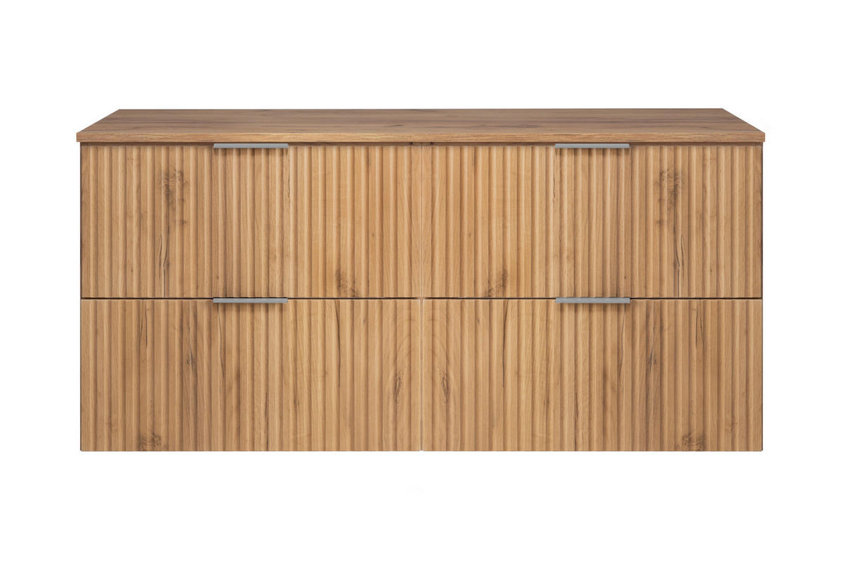 WASCHBECKUNTERSCHRANK, Eiche Craft, 120 (2 x 60) x 57 x 46 cm, silberner Griff + Arbeitsplatte - Eichefarben/Silberfarben, Holzwerkstoff (120/57/46cm) - 3XE LIVING