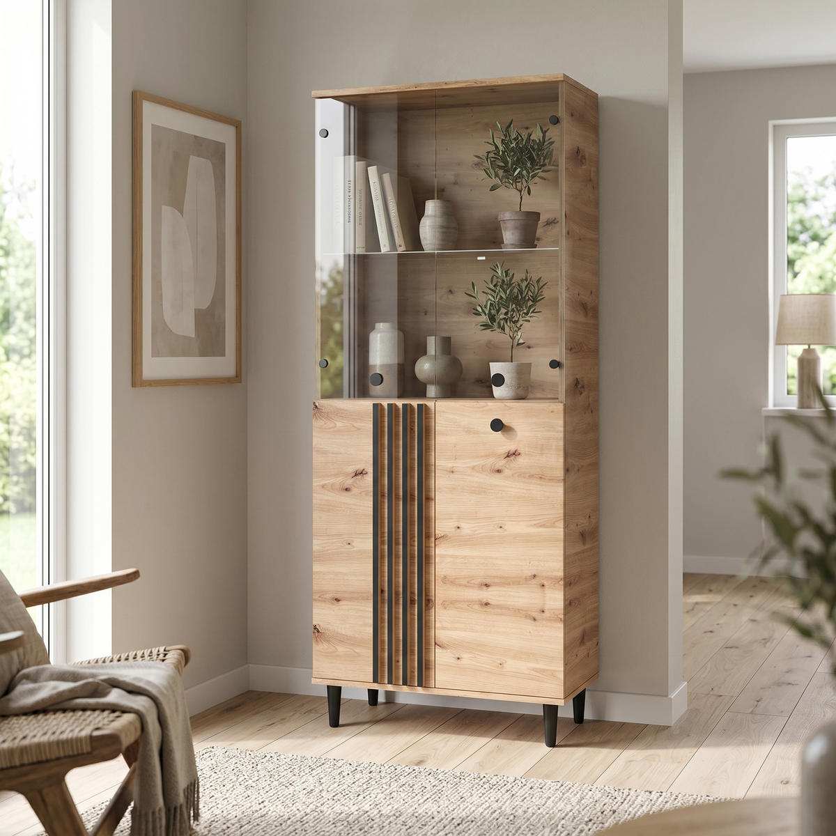 VITRINENSCHRANK ARTIANO 196 x 80 cm Eiche Artisan - Eiche Artisan, Holzwerkstoff (80/196/40cm) - MASSENO