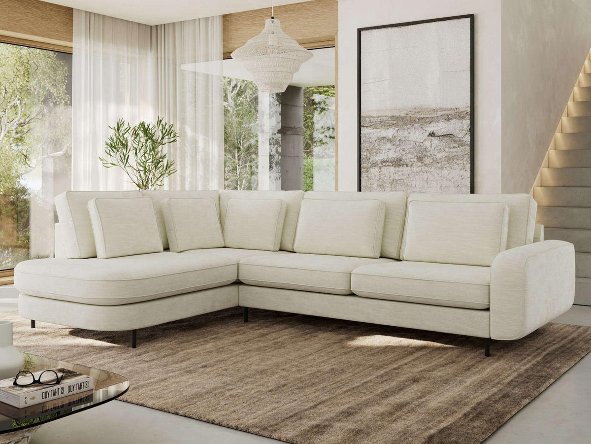 ROHOVÁ SEDAČKA CALENO L - Krémová Hrubě tkaná žinylka - Pravá Strana - černá/krémová, kov/textil (317/225cm) - MKS