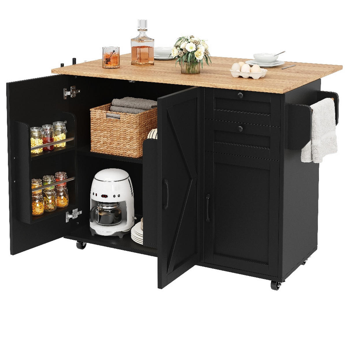 KÜCHENINSEL Klappbar, BUFFETSCHRANK mit Rollen, Holzmaserung Schwarz, 120/43,2/92 cm - Schwarz, Kunststoff (43.2/92/120cm) - Rolipo