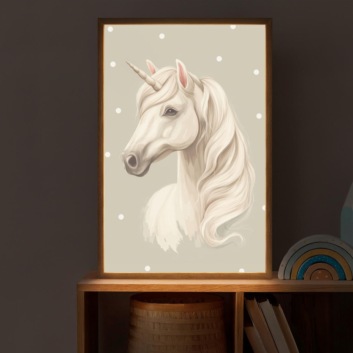 NÁSTĚNNÁ LAMPA S AKUMULÁTOREM Jednorožec - bílý - tečky 40x60 cm - šedohnědá, kompozitní dřevo (40/60/8cm) - OnlyWow