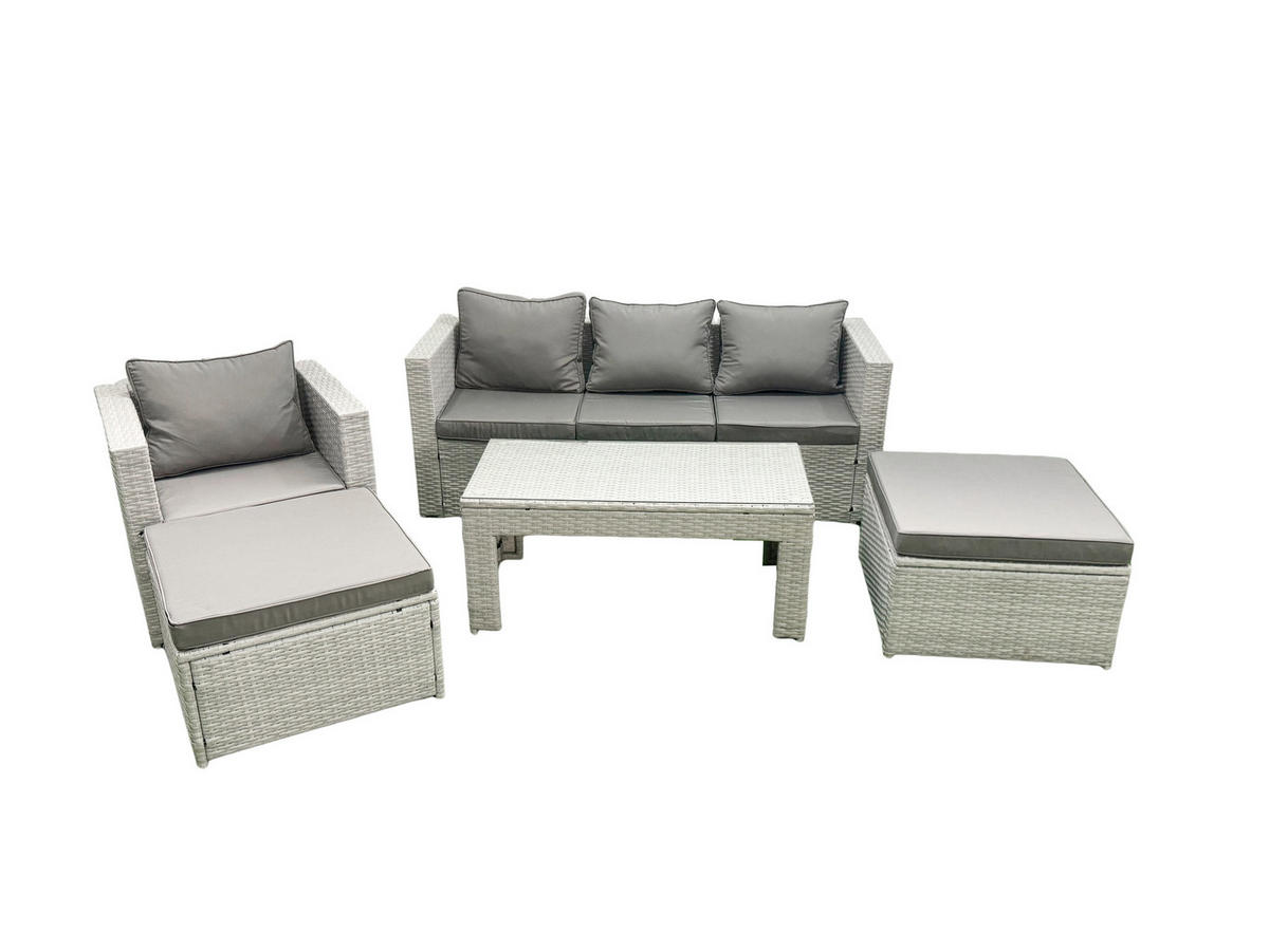 BALKONMÖBEL-SET Polyrattan Hellgrau-Mix 6-teilig - Hellgrau/Grau, Glas/Kunststoff - Fimous