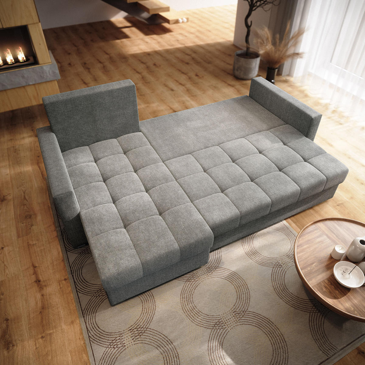 ECKSOFA NIDA Hellgrau Geflochtener Stoff mit Schlaffunktion - Hellgrau, Holz (220/143cm) - MASSENO