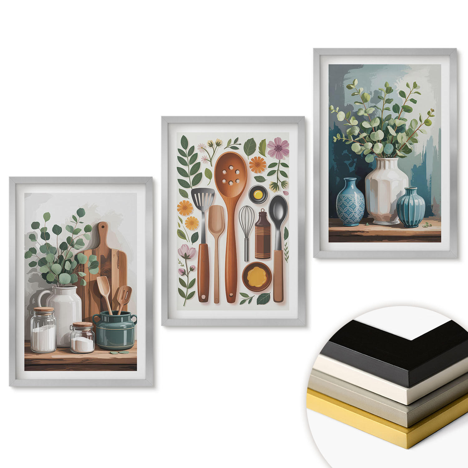 WANDBILDER 3er Set - 40x60 cm Silberner Rahmen - Küchenaccessoires auf pflanzlicher Basis - Silberfarben, Kunststoff (40/60cm) - ArtPrintCave