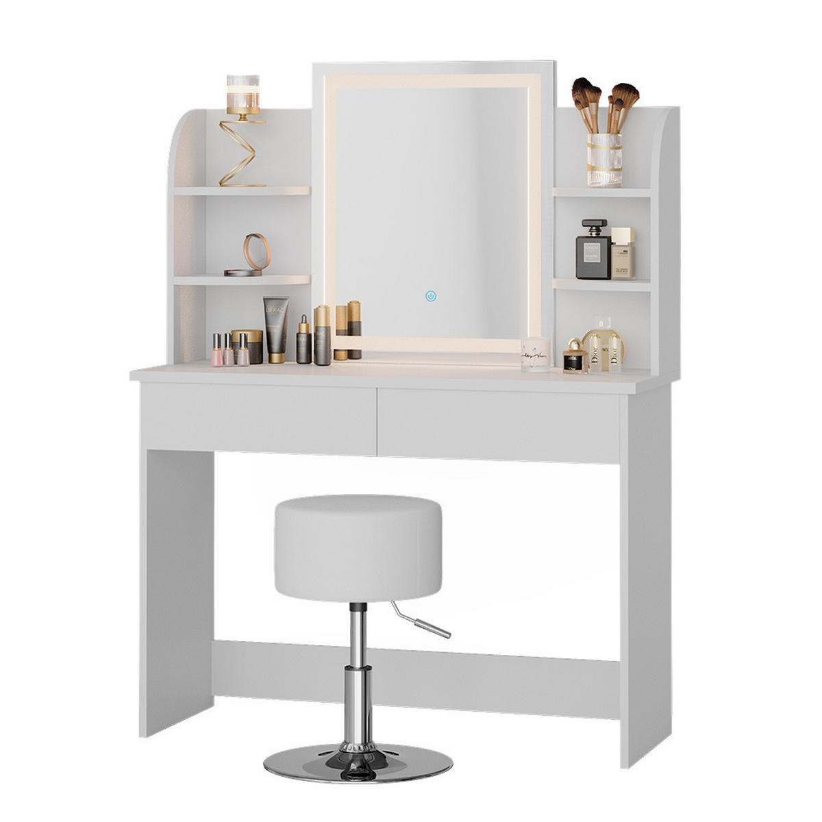 SCHMINKTISCH Charlotte Weiß 106 cm mit LED-Spiegel und Hocker - Weiß, Holzwerkstoff (106/142/40cm) - Vicco