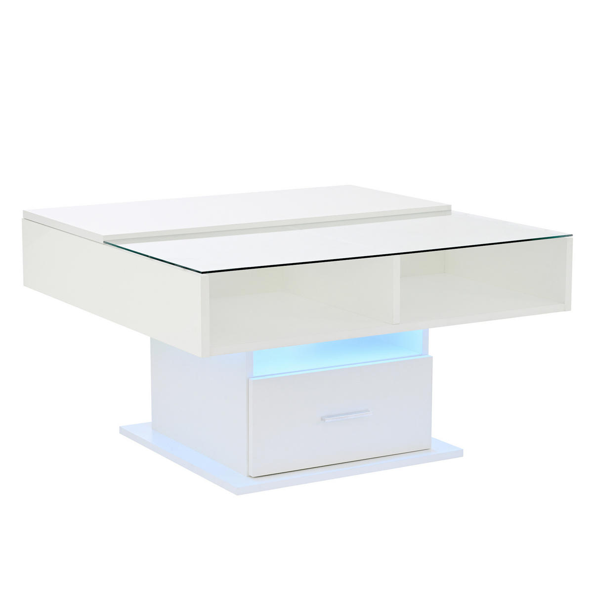 COUCHTISCH 78/78/45,5-59,5 cm höhenverstellbar mit LED-Beleuchtung, Stauraum und Glasboden aus Spanplatte, Weiß - Weiß, Holzwerkstoff (78/78/59.5cm) - Redom
