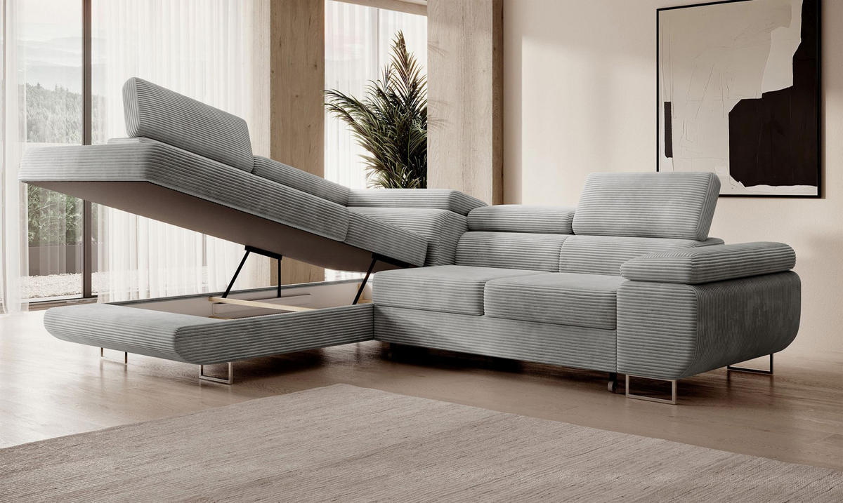 ECKSOFA Stevil Hellgrau Cordbezug - Silberfarben/Hellgrau, Textil/Metall (275/203cm) - Selsey