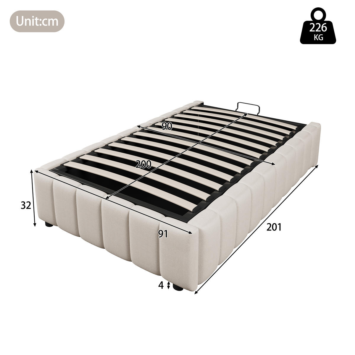 POLSTERBETT 90x200cm Beige hydraulische Lagerung ohne Kopfteil - Beige, Holz (90/200cm) - FLIEKS