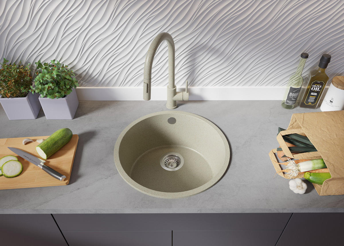 SPÜLBECKEN RUND Valletta Slim, 2-er set Beige 46/46 cm 1 Becken + Ablauf-Set ab 50er Unterschrank - Chromfarben/Beige, Kunststoff (46/20/46cm) - Primagran