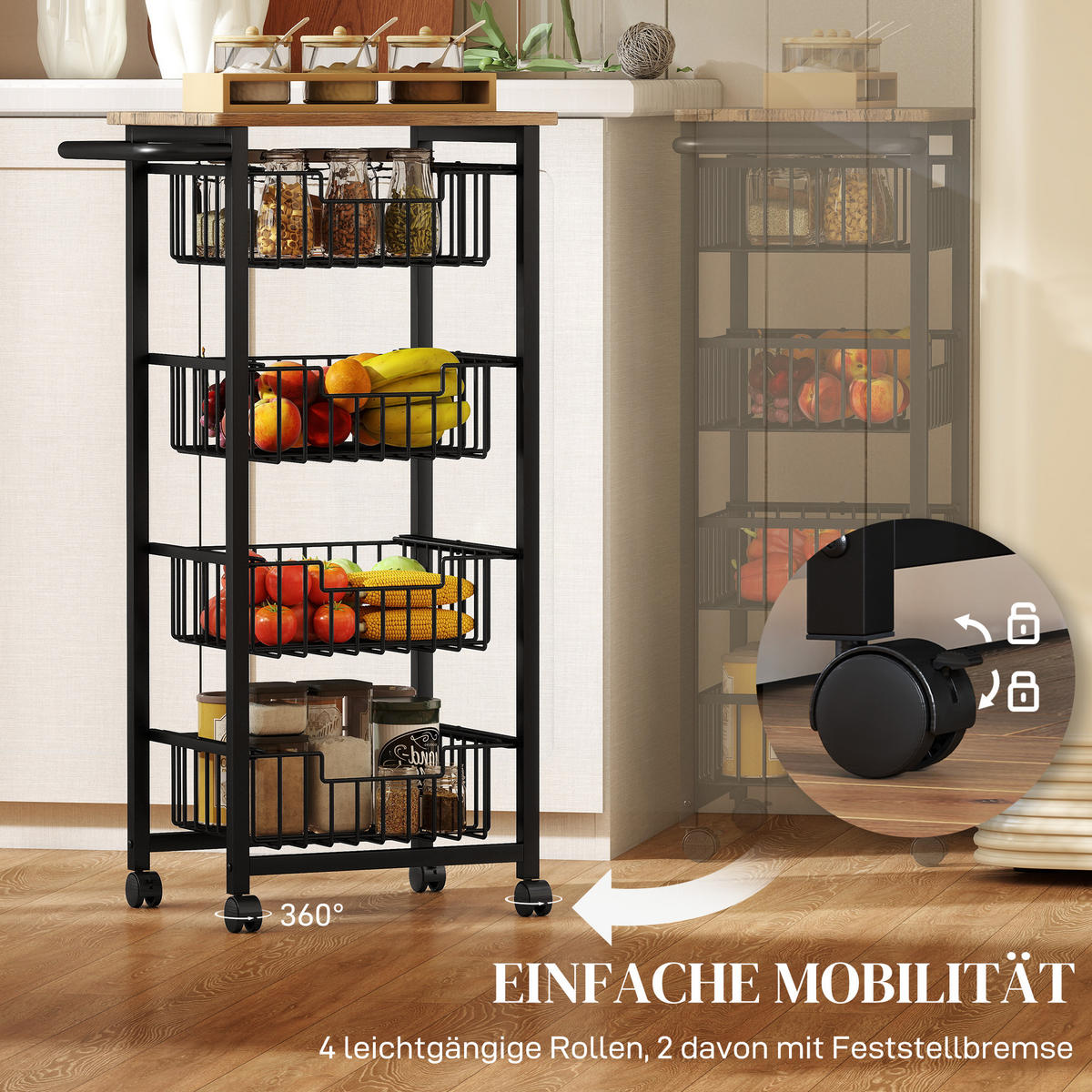 KÜCHENWAGEN Servierwagen mit Arbeitsplatte, 4 ausziehbaren Stahlkörben, Eiche - Naturfarben, Metall (31/91/49.5cm) - HOMCOM