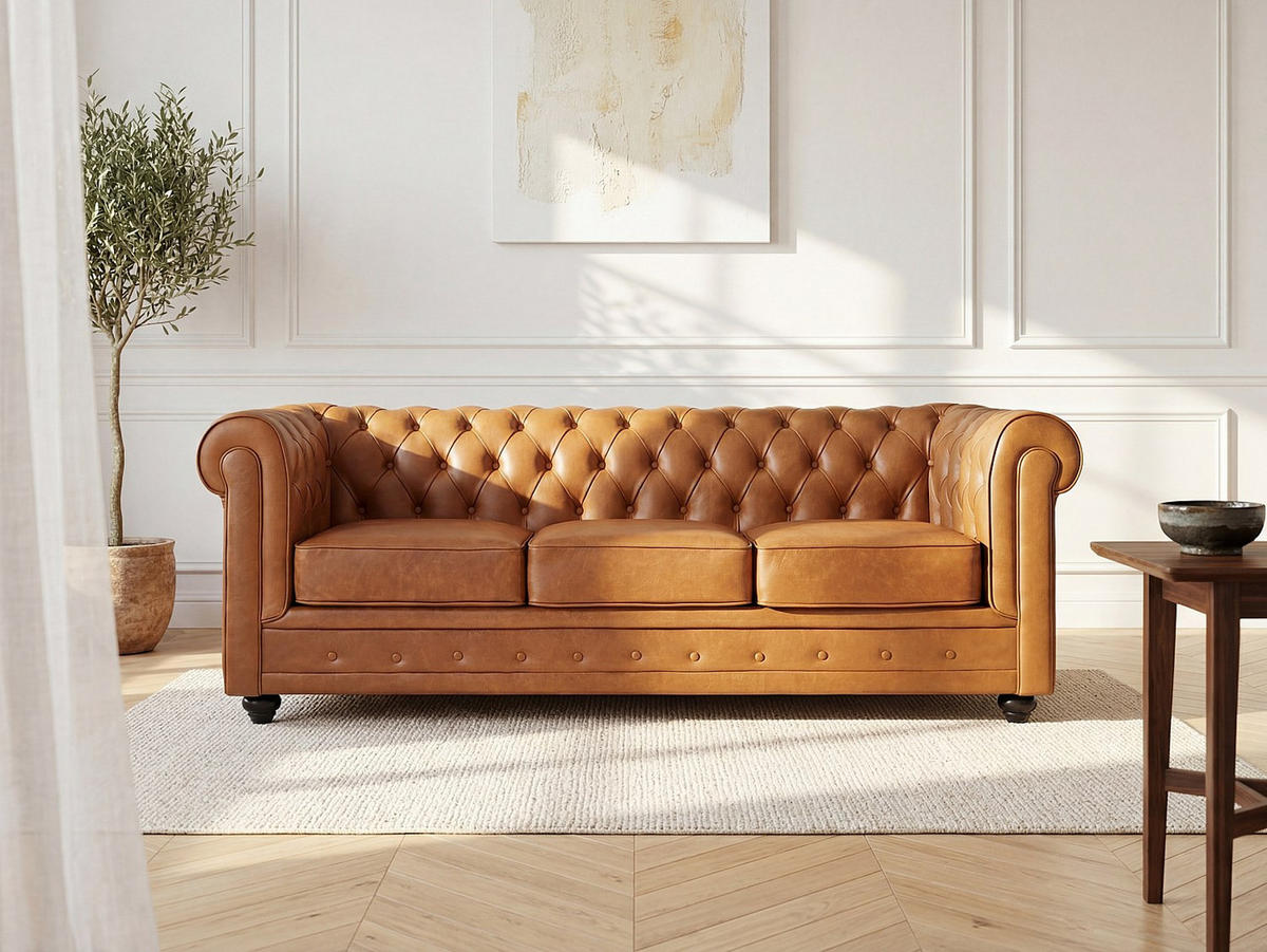 SOFA - 3 Personen - leder - camel Chesterfield - Hellbraun, Leder/Holz (205/72/88cm) - Vente-Unique
