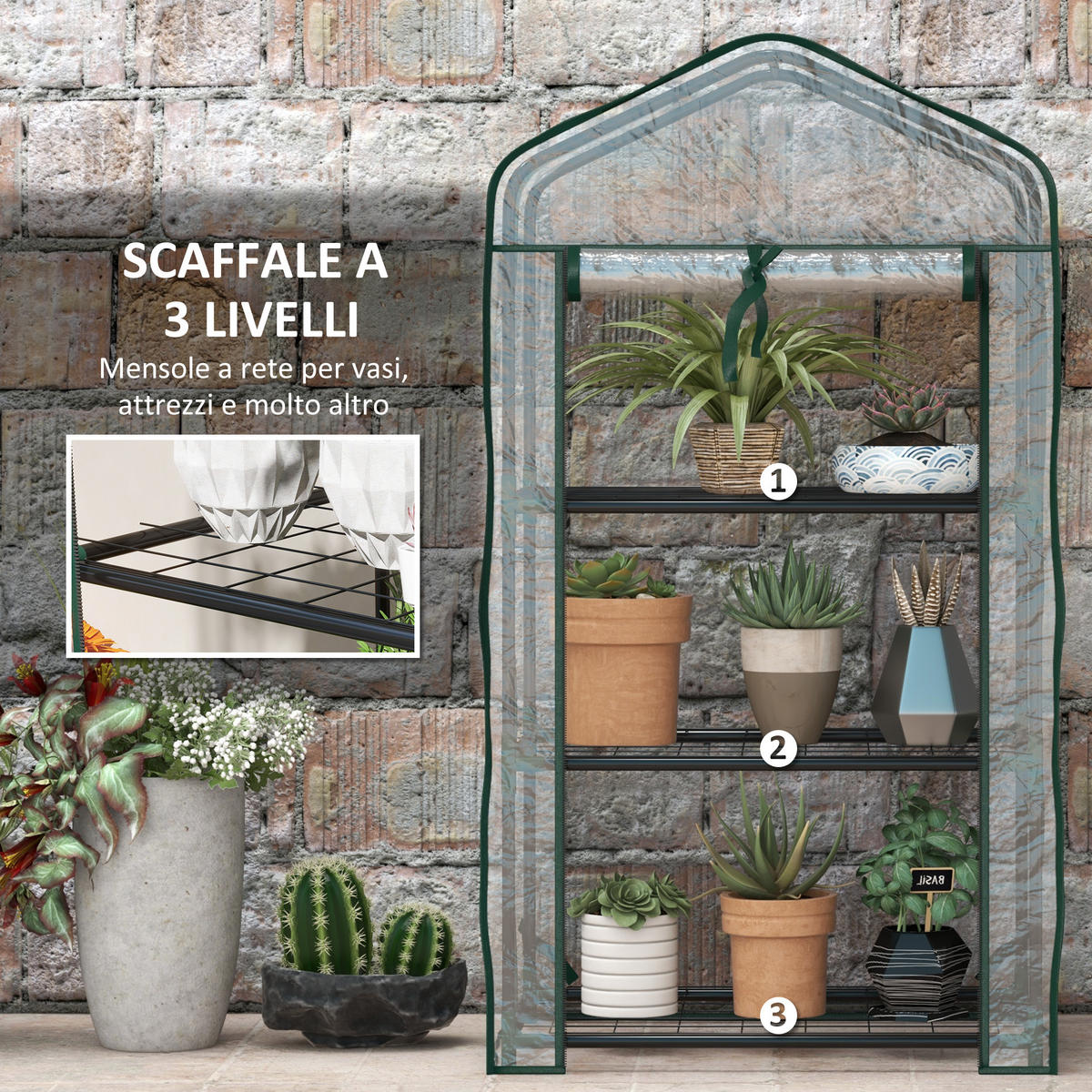 MINI-GEWÄCHSHAUS, PE-Abdeckung, 3 Regalböden, Rolltür, 59x39x127cm, Transparent - Multicolor, Kunststoff (59/127/39cm) - FORIOUS