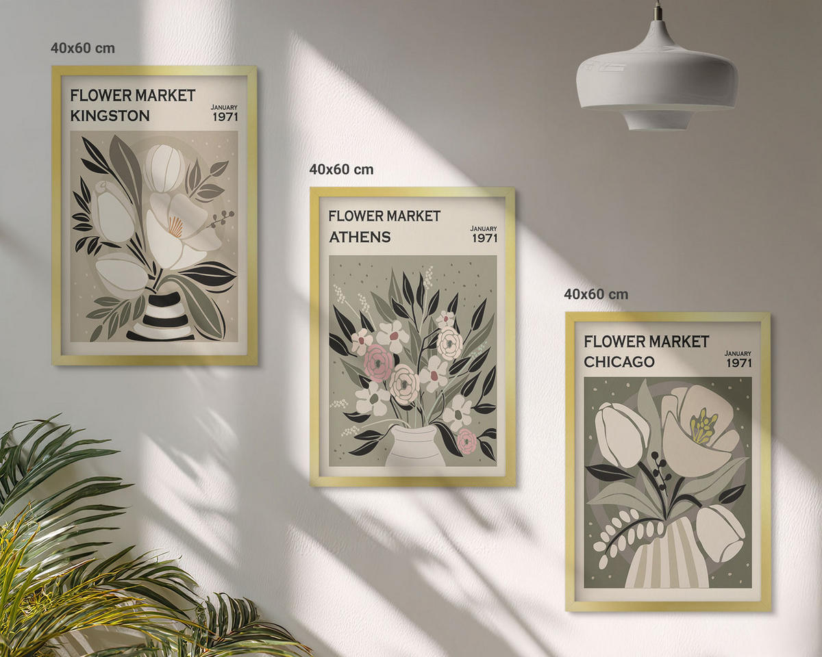 BILDER SET 3er Set - 40x60 cm Goldrahmen - Retro-Blumenarrangements - Goldfarben, Kunststoff (40/60cm) - TULUP