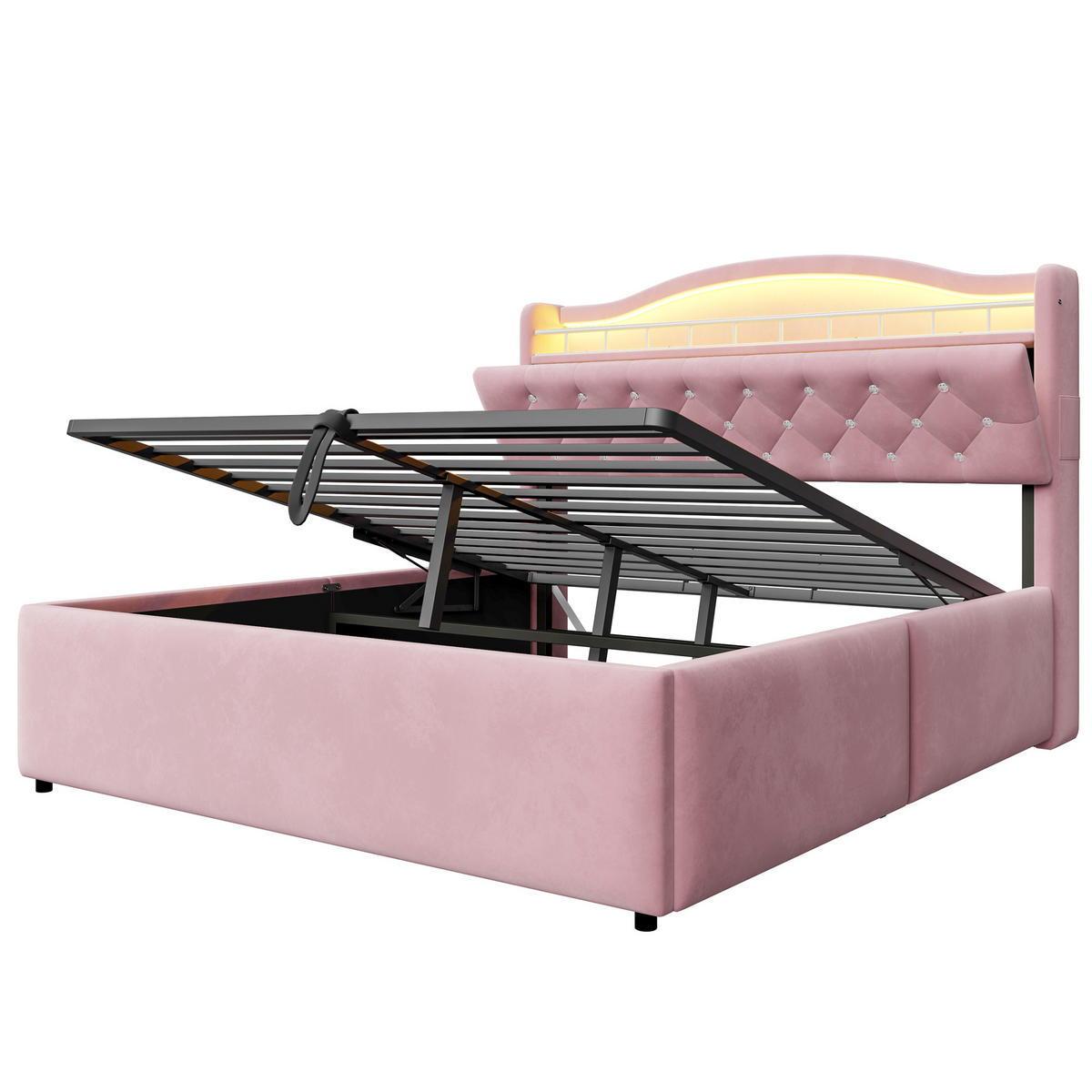 POLSTERBETT 140x200cm Samt LED Kopfteil Stauraum USB Rosa - Pink, Metall (140/200cm) - FLIEKS