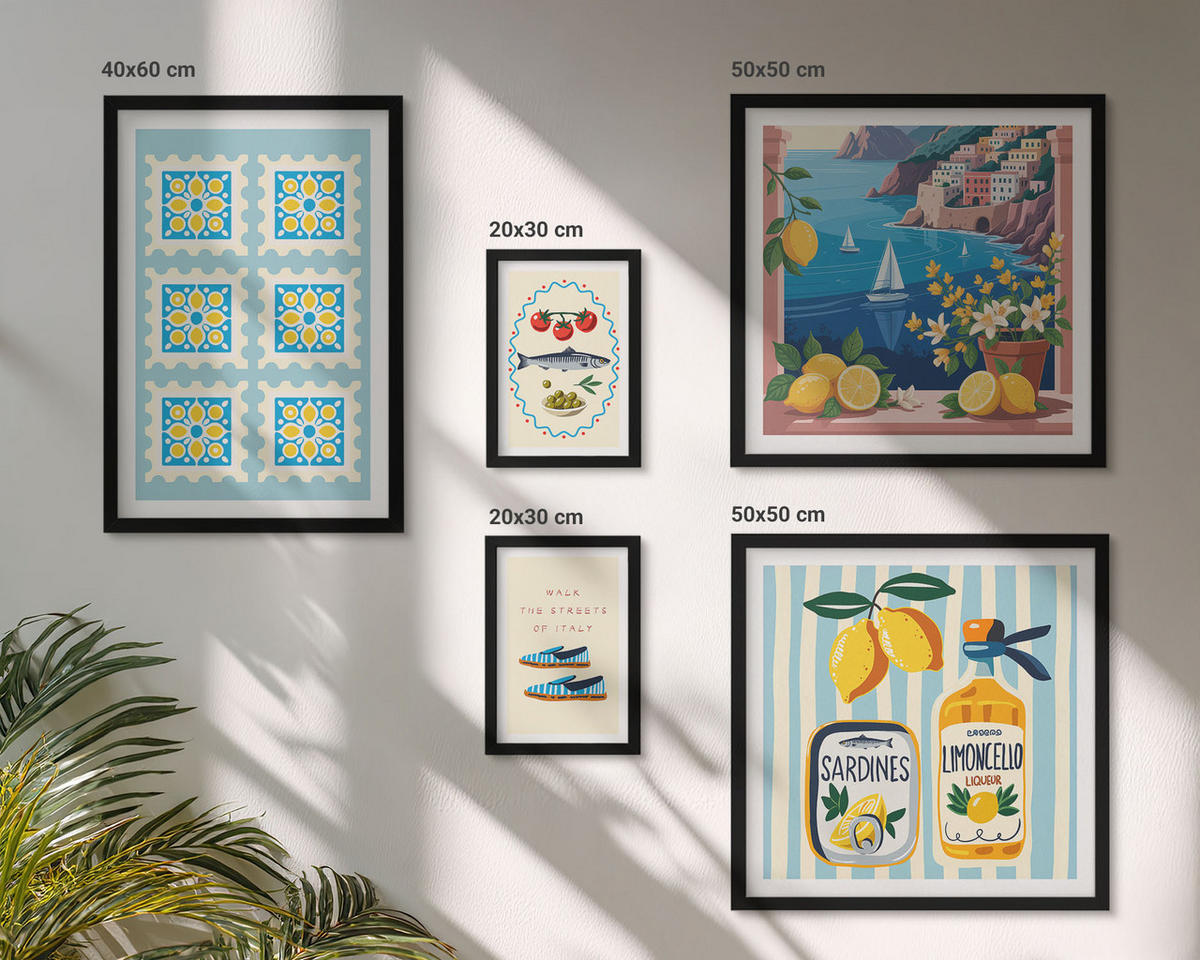 BILDER SET 5er Set - 50x50 cm & 20x30 cm & 40x60 cm Schwarzer Rahmen - Illustrationen der mediterranen Küche - Schwarz, Kunststoff (40/60cm) - TULUP