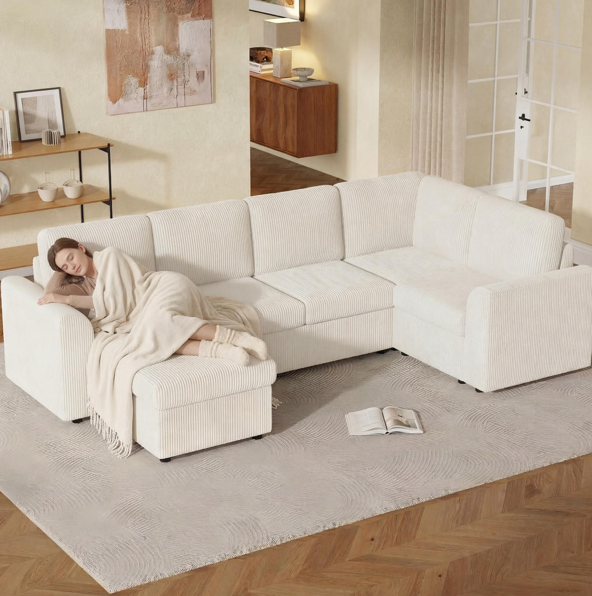ECKSOFA 282/153/85 cm beige aus Cord mit Stauraumhocker - Beige, Textil (40/160cm) - OKWISH