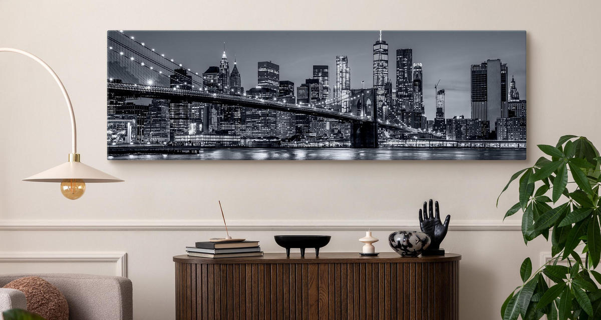 PANORAMABILD New York Panorama Architektur 3D 145x45 - Schwarz/Weiß, Textil (145/45cm) - Muralo