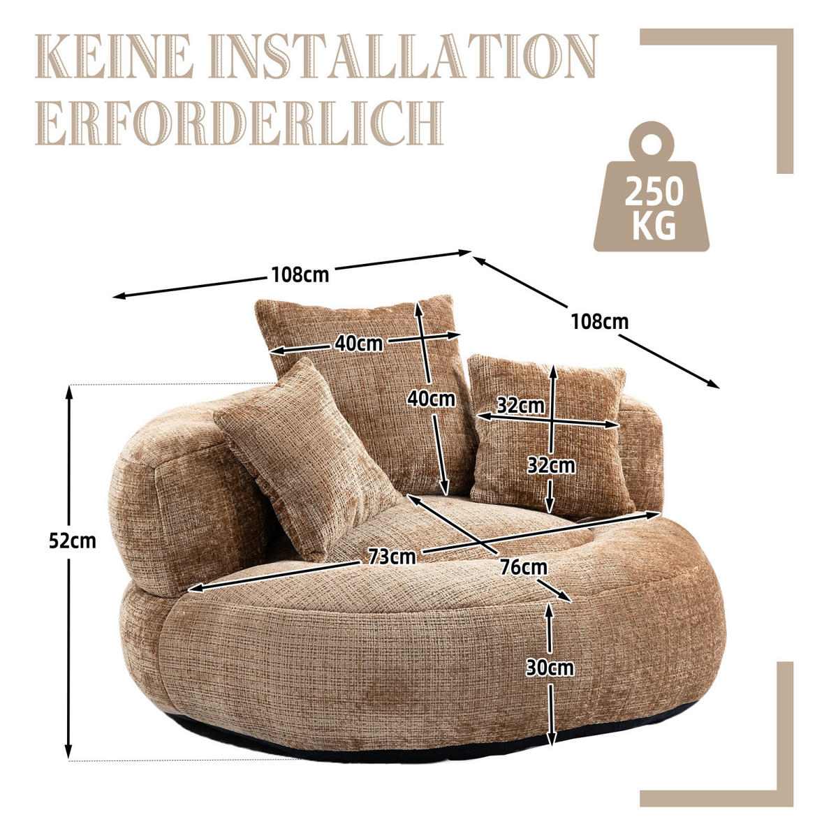 SITZSACK Sessel Chenille mit 3 Kissen bequem weich Schlafsofa Braun - Braun, Textil (108/52/108cm) - PARAFTA HOME