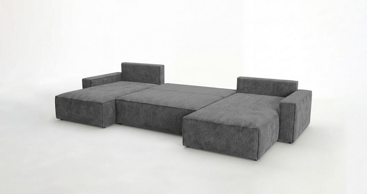 WOHNLANDSCHAFT VIENNA U-Form dunkelgrau Cord Poso 60 - Schlaffunktion, Bettkasten - Anthrazit, Textil (385/86/185cm) - Cornero