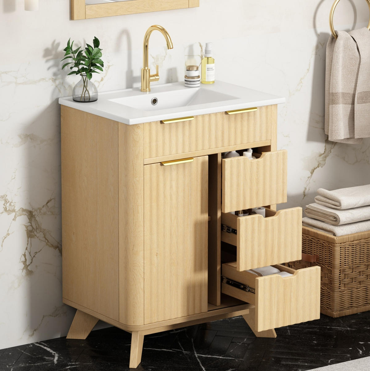 WASCHTISCHKOMMODE aus MDF und Keramik 61x47x90 cm Naturholz mit Schiebetür, 3 Schubladen und Keramikwaschbecken - Eichefarben, Keramik (61/90/47cm) - Modfu