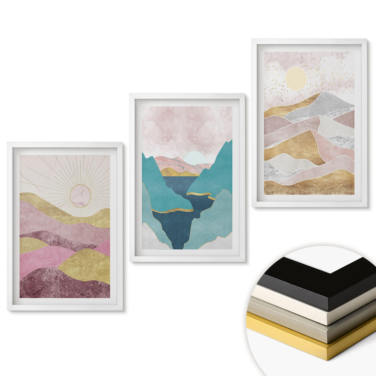 WANDBILDER 3er-Set - 40x60 cm Weißer Rahmen - Abstrakte Berge Sonne - Weiß, Kunststoff (40/60cm) - ArtPrintCave
