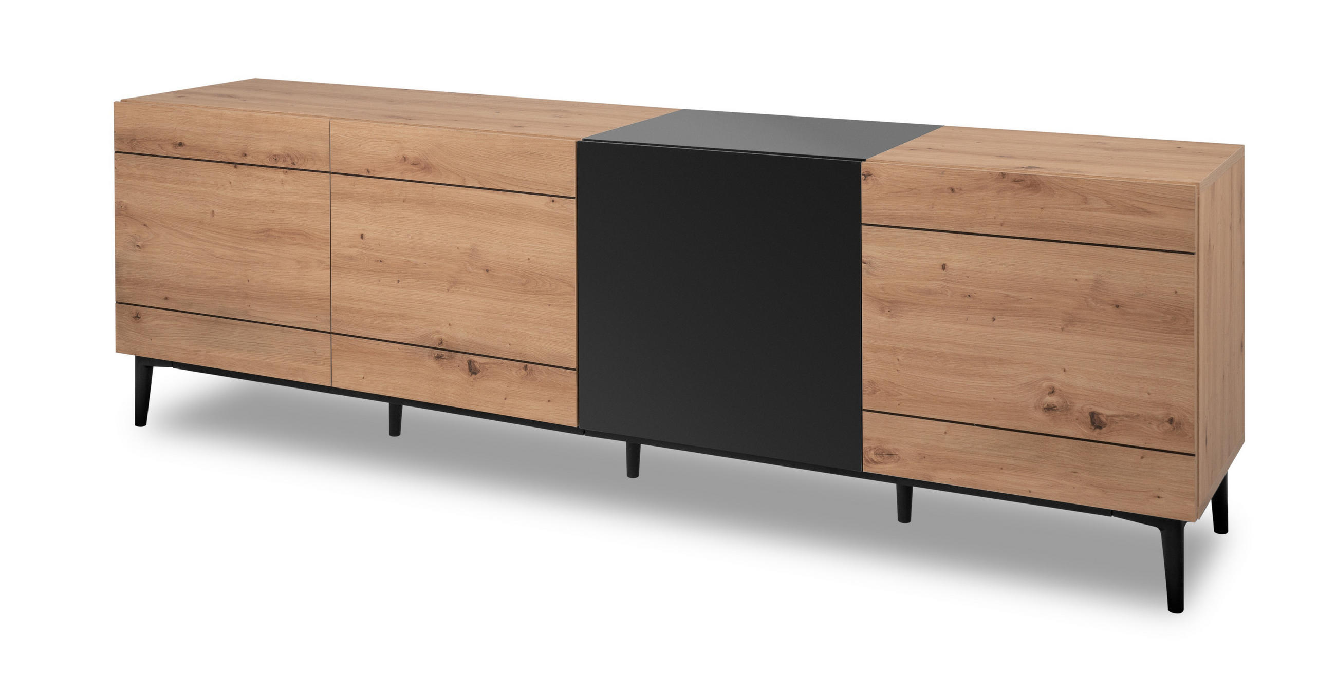 TV-LOWBOARD Eiche Artisan, schwarz 200 cm, Fernsehtisch mit Komforthöhe - Schwarz/Eiche Artisan, Holzwerkstoff (200/65/42cm) - Furn.Design