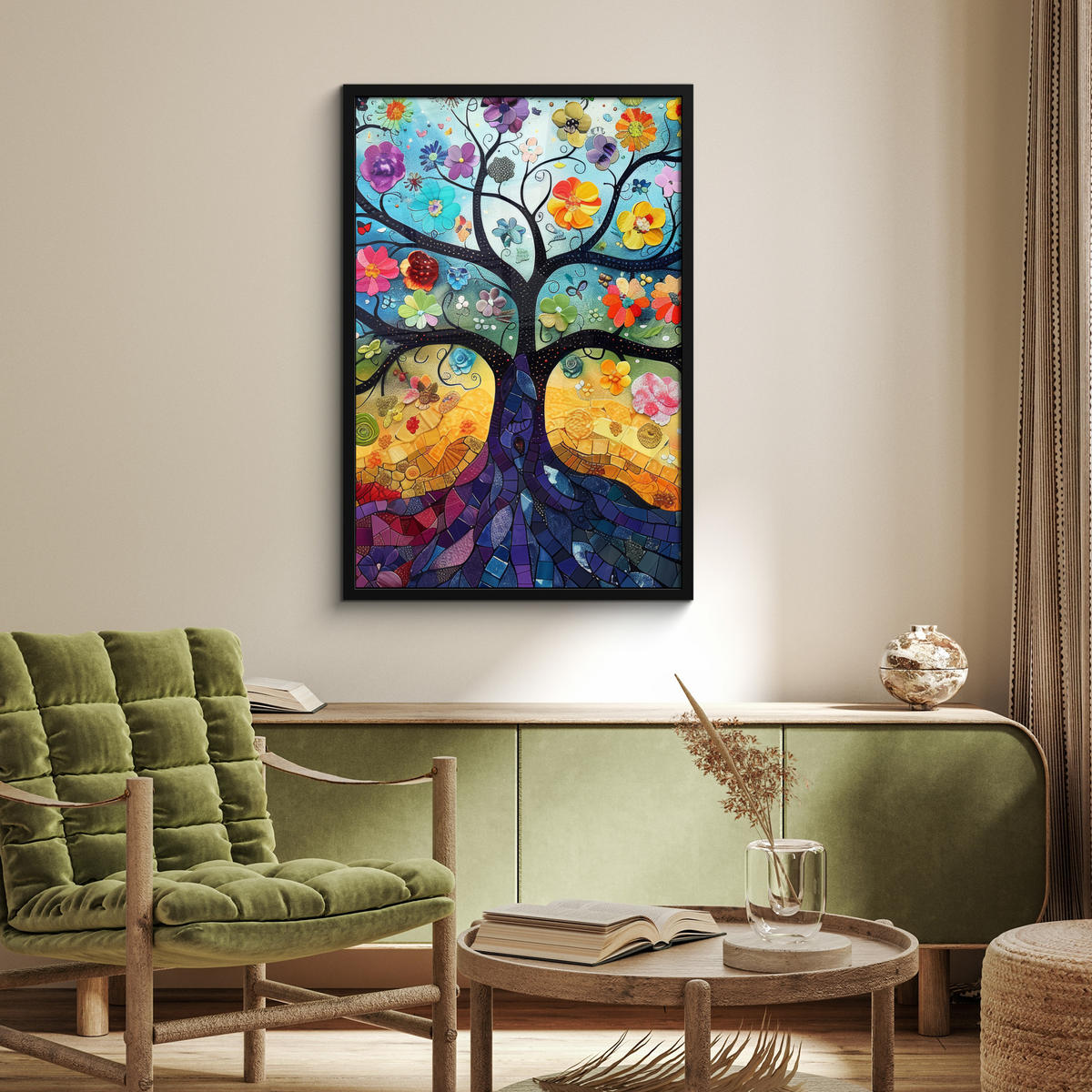POSTER MIT RAHMEN Kunst - Baum des Lebens - Blumen - Hippie 60x90 cm - Dunkelblau, Papier (60/90cm) - MuchoWow