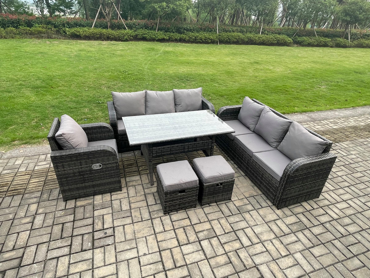 GARTENGARNITUR mit Liegestuhl,3-Sitzer Sofa,2 Hockern Polyrattan Dunkelgrau 9-Sitzer - Dunkelgrau/Grau, Glas/Kunststoff - Fimous