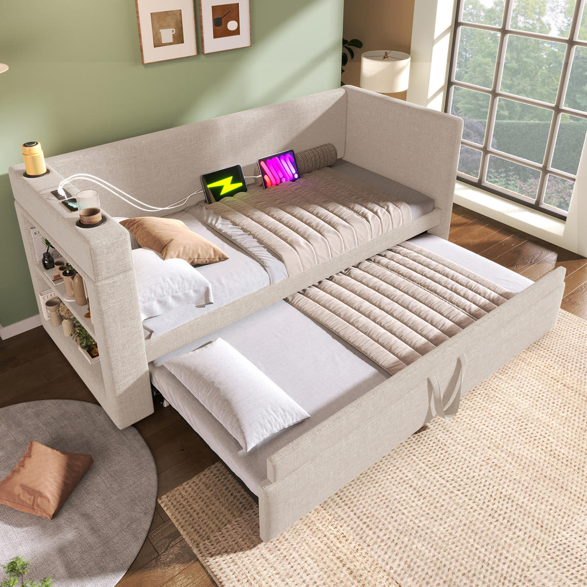 TAPECIRANI dnevni krevet od pamuka i lana 90x190 cm bež s izvlačnim ležajem, USB i Type-C priključkom te držačima za čaše - bež, tekstil (90/190cm) - Modfu