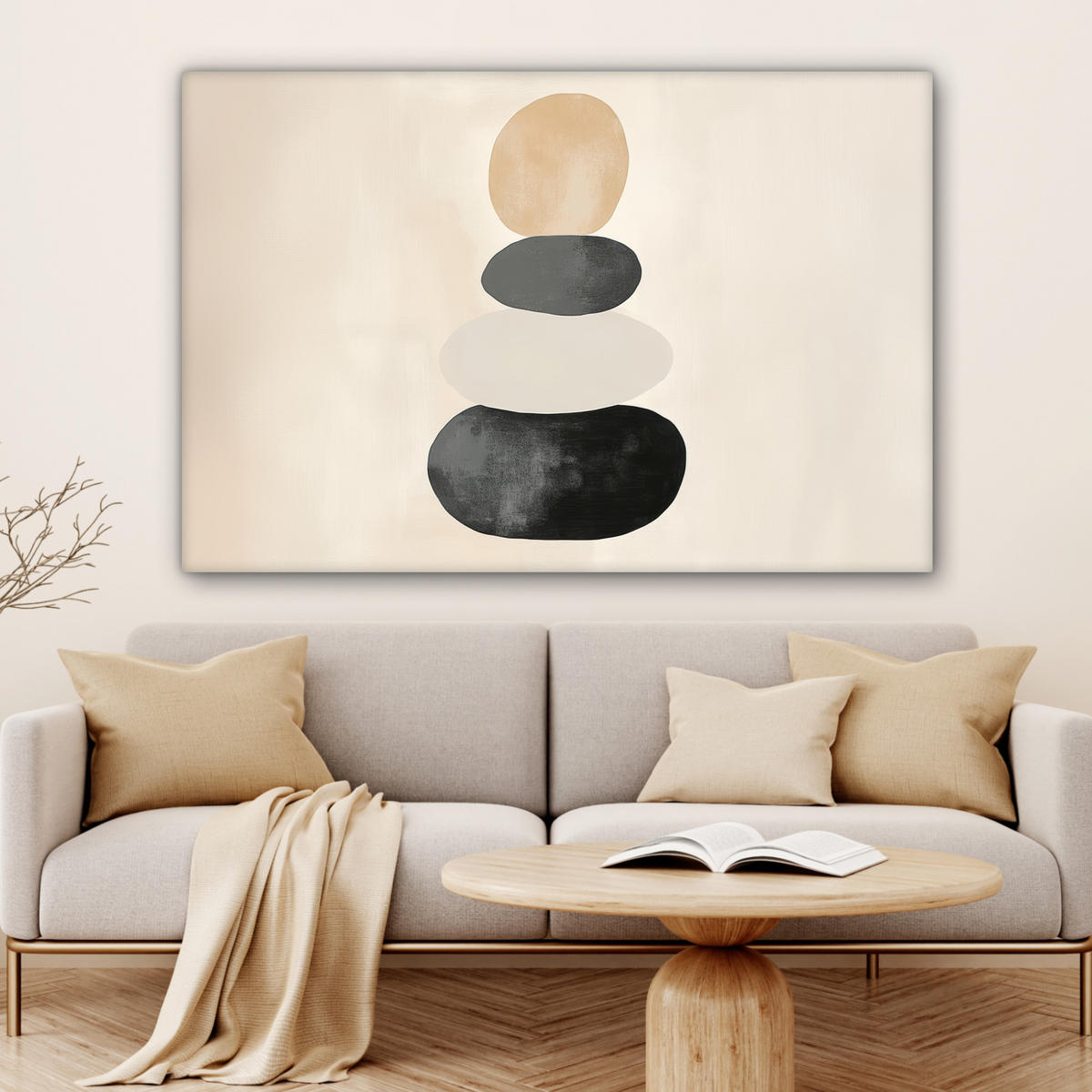 LEINWANDBILD Japandi - Wabi sabi - Beige Wohnzimmer 120x80 cm - Taupe, Textil (120/80cm) - MuchoWow