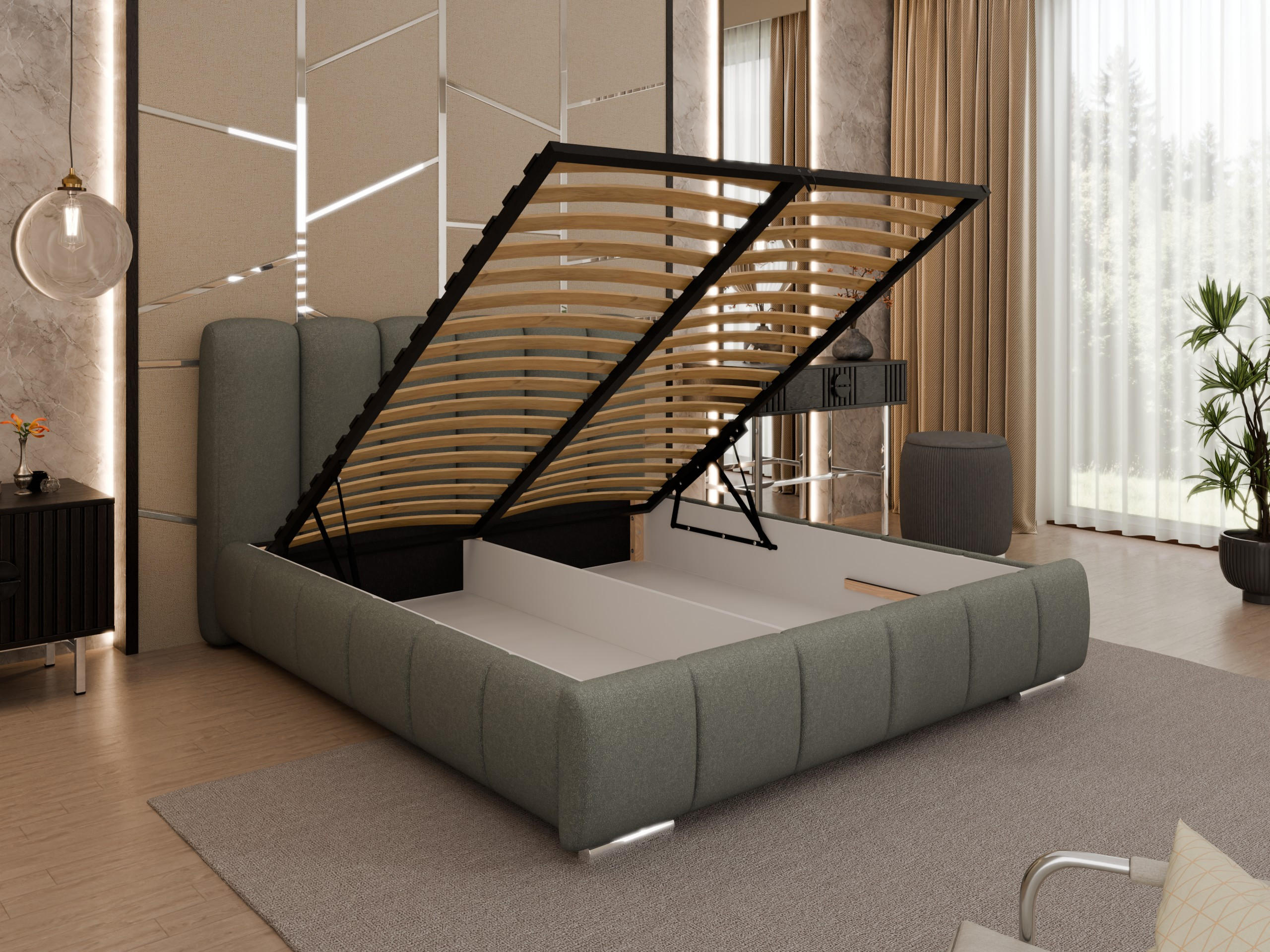 POLSTERBETT ZAIRA 160 x 200 cm mit Bettkasten und Lattenrost, 7-Zonen-Taschenfederkernmatratze CIRA (24 cm) – Dunkelgrau - Grau, Holz (160/200cm) - Panda Möbel