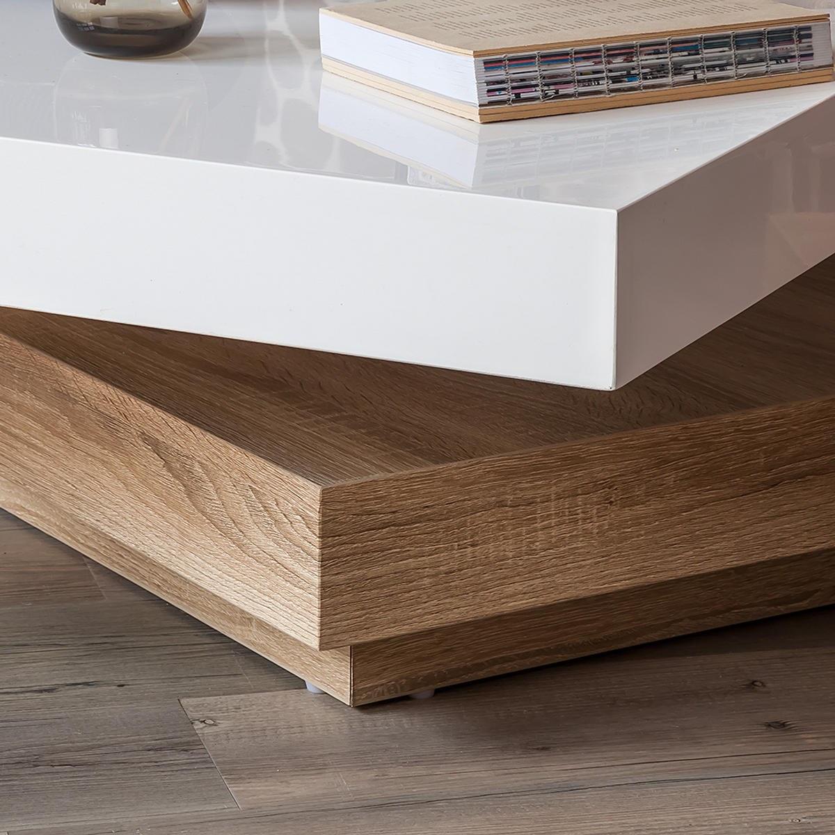 COUCHTISCH - Hochglanz Weiß / Eiche Sonoma Dekor - Weiß Hochglanz/Eichefarben, Holzwerkstoff (75/75/30cm) - home24