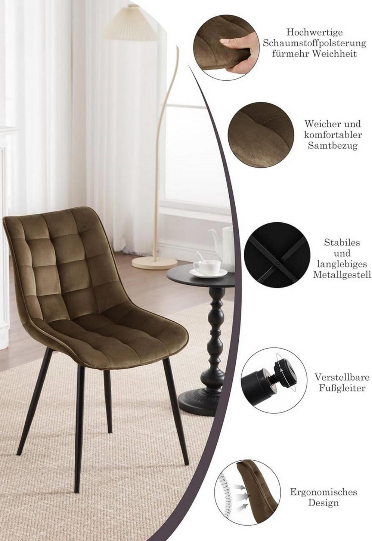 ESSZIMMERSTUHL 2er Set, Samt, Metallbeine, Braun - Schwarz/Braun, Textil/Metall (46/85.5/40.5cm) - Woltu