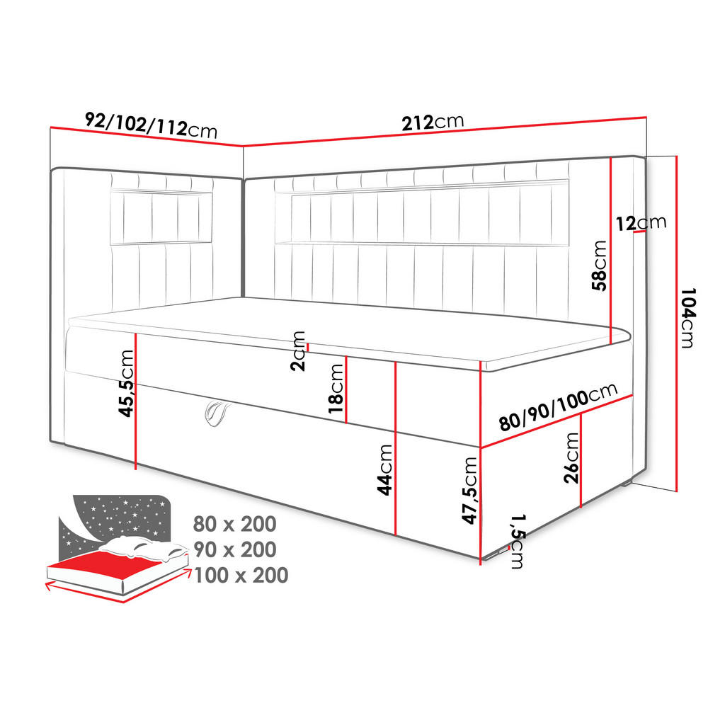 Thumbnail - Mirjan24 Boxbett, Weiß, Grau, Holz, H3, 80x200 cm, Schlafzimmer, Betten, Boxspringbetten