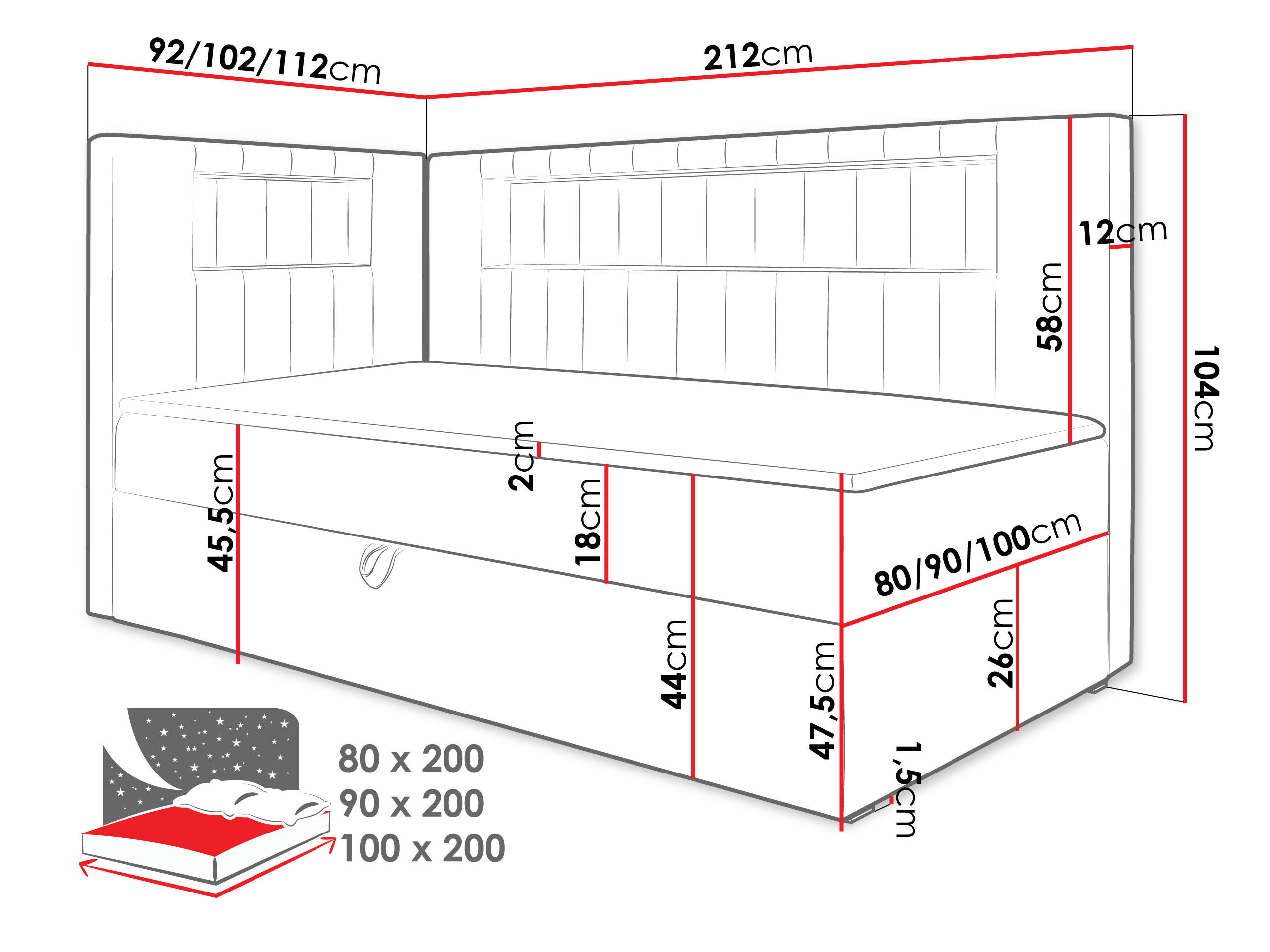 Thumbnail - Mirjan24 Boxbett, Weiß, Rosa, Holz, H3, 100x200 cm, Schlafzimmer, Betten, Boxspringbetten