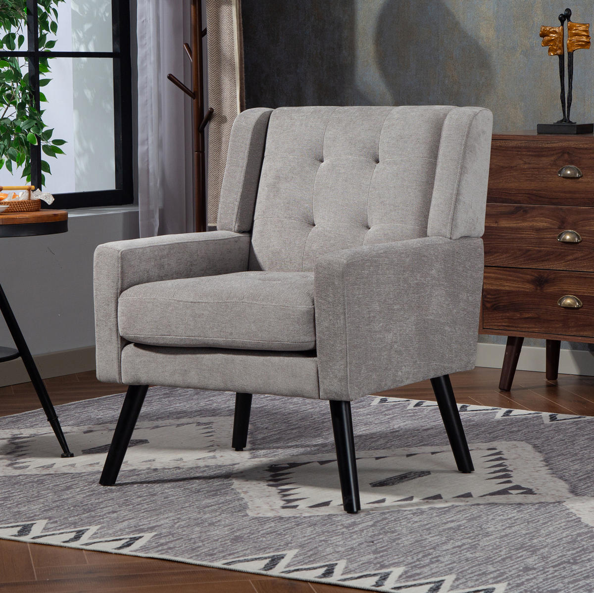 POLSTERSTUHL Leinen mit Tufting, Massivholzbeinen 68/76/88 cm Hellgrau 130 kg belastbar - Hellgrau, Textil (76/88/68cm) - Redom