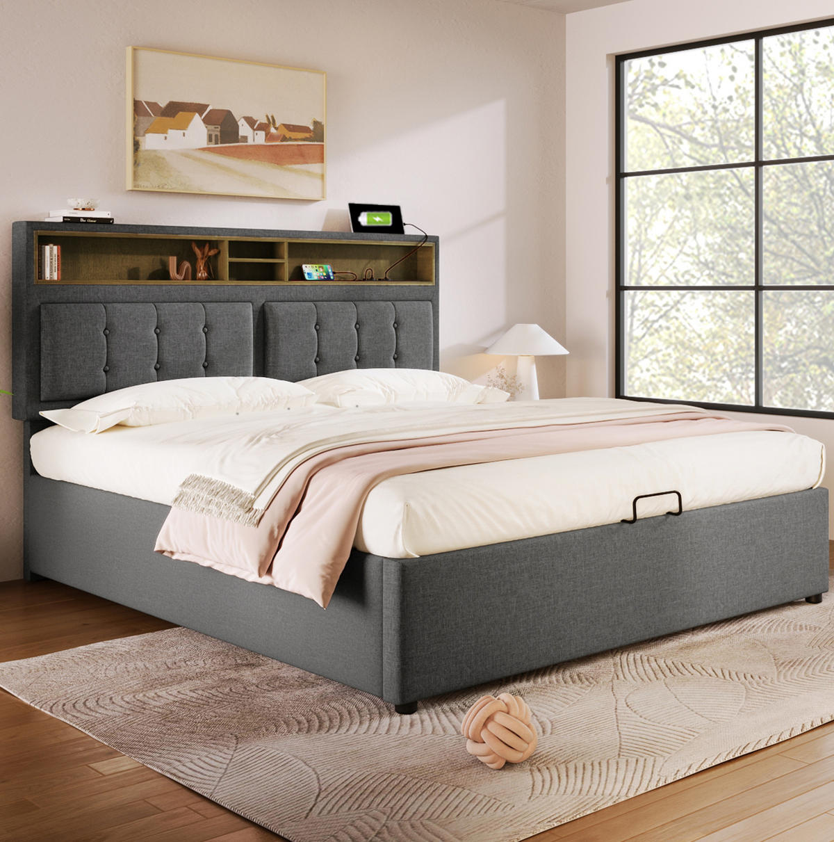 POLSTERBETT aus Leinen 140x200 cm Grau mit Matratze, Stauraum, USB- und Typ-C-Anschluss - Grau, Textil (140/200cm) - IVMEU