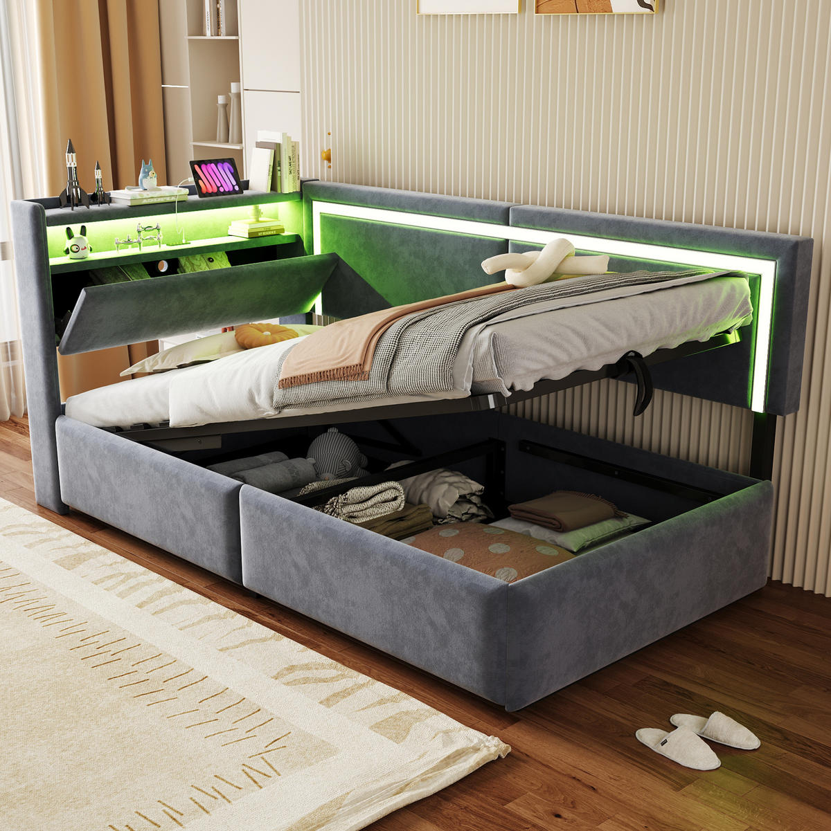 SCHLAFSOFA aus Samt 90x200 cm Grau mit Bettkasten, LED-Beleuchtung und USB-Anschlüssen - Grau, Textil (90/200cm) - IVMEU