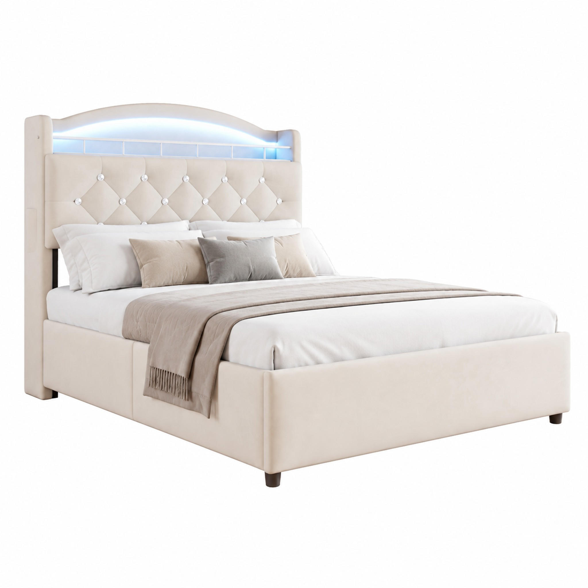BETT mit Stauraum 90x200 cm Samt Beige mit LED und USB - Beige, Metall (90/200cm) - Meubliv