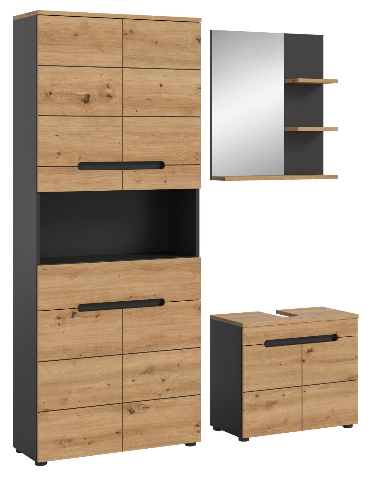 BADMÖBEL-SET Eiche, grau 3-teilig 154 cm, Komplettset mit Soft-Close - Schwarz/Eiche Artisan, Glas/Holzwerkstoff (154/193/34cm) - Inn.Furn