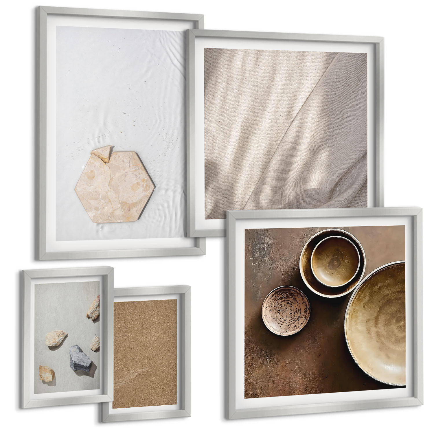 BILDER SET 5er Set - 50x50 cm & 20x30 cm & 40x60 cm Silberner Rahmen - Minimalistische warme Texturen - Silberfarben, Kunststoff (40/60cm) - TULUP