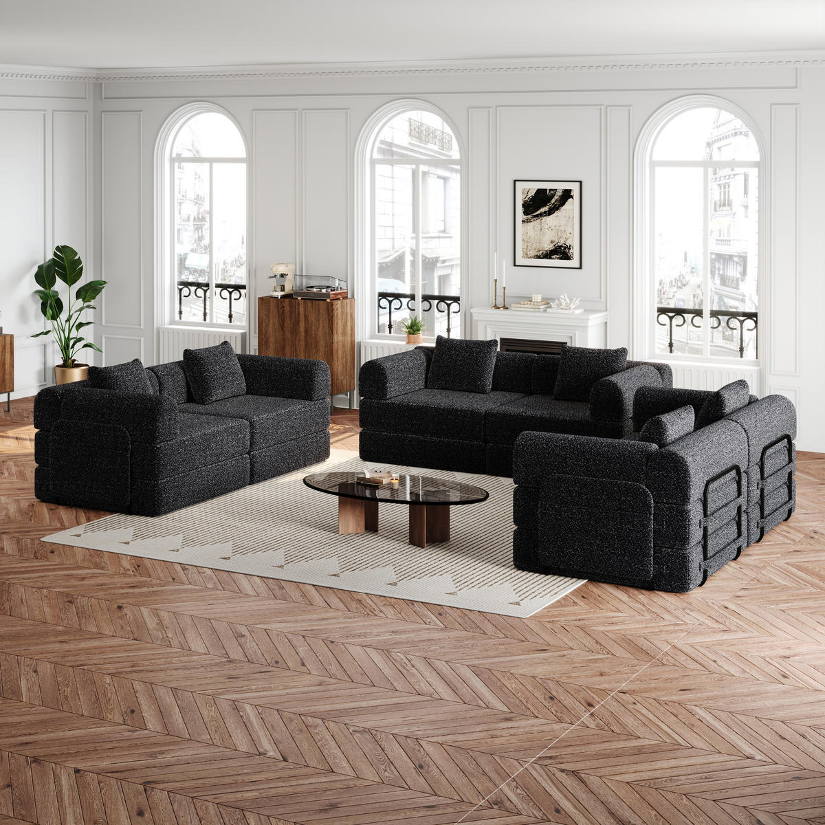 SCHLAFSOFA 2-in-1 aus Chenille mit Armlehnen-Staufach - Schwarz, Textil (183.8/69.8/91.4cm)