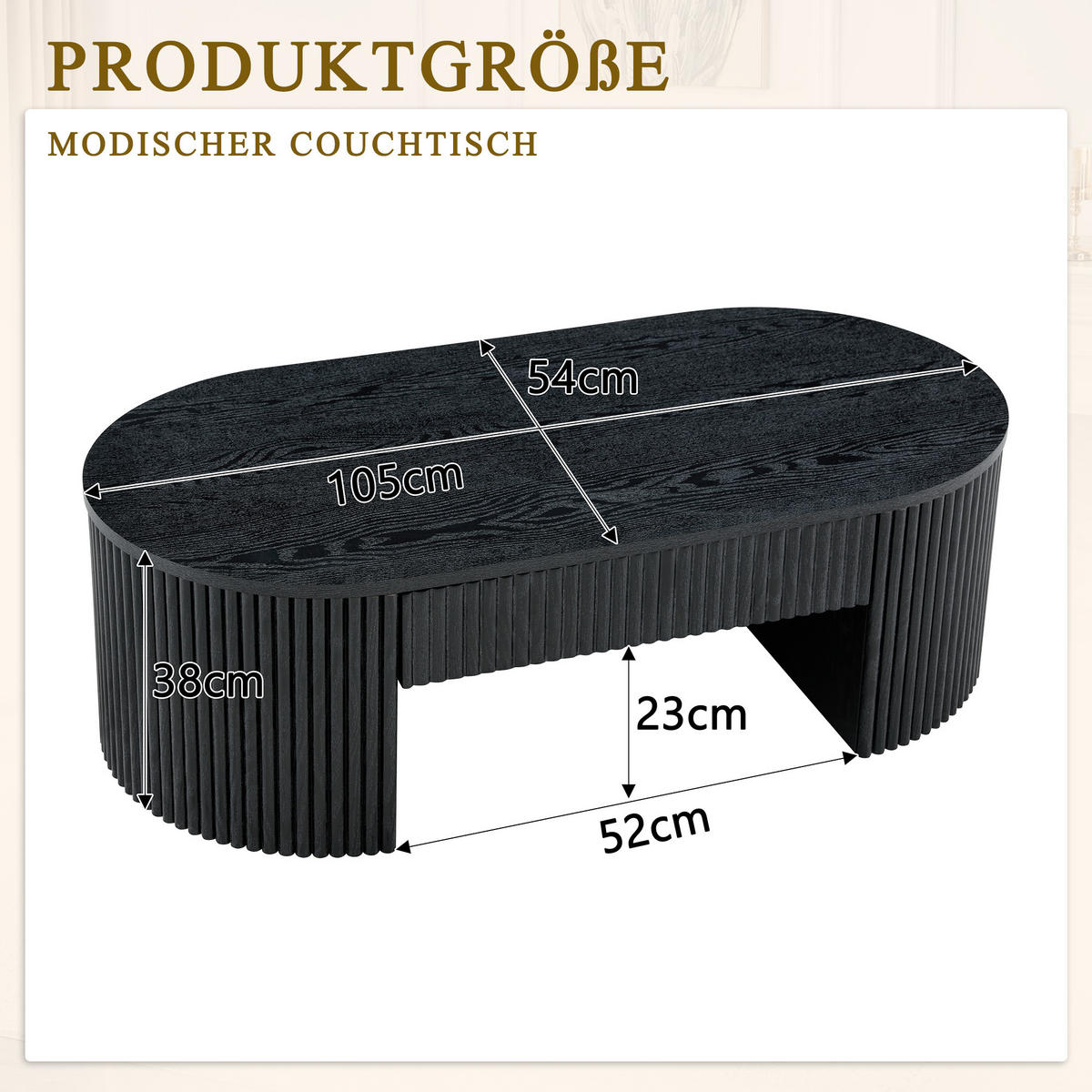 COUCHTISCH DE-37394 oval mit Rillenverkleidung und Schublade Schwarz - Schwarz, Holzwerkstoff (105/54/38cm) - ComfortXL