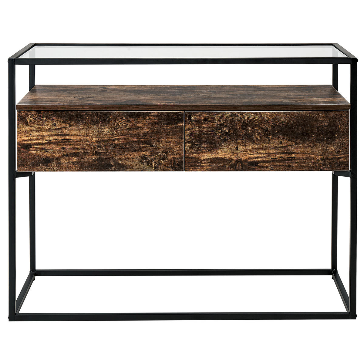 KONSOLENTISCH Glas dunkler Holzfarbton/schwarz 2 Schubladen Mauk - Dunkelbraun/Schwarz, Holzwerkstoff (40/100/80cm) - Beliani