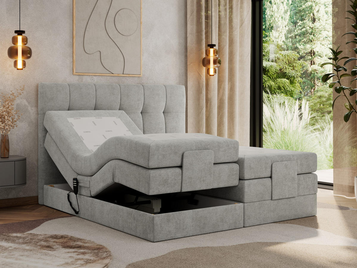 BOXBETT VITTORIA 140/200 - Hellgrau Struktur - H4 - Hellgrau, Holz/Textil (140/200cm) - MKS