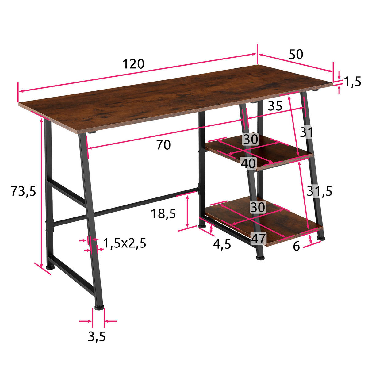 SCHREIBTISCH Paisley,120 x 50 x 73,5 cm,Industrial Holz dunkel, rustikal - Rostfarben, Holzwerkstoff (120/50/73.5cm) - tectake
