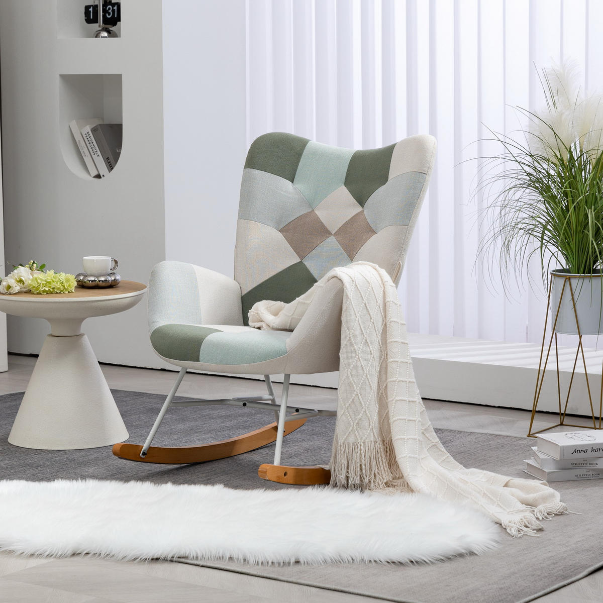 SCHAUKELSTUHL aus Patchwork-Stoff im skandinavischen Stil, zum Stillen, Entspannen und Ausruhen - Multicolor, Holz/Textil (68/98/85cm) - Meubles Cosy